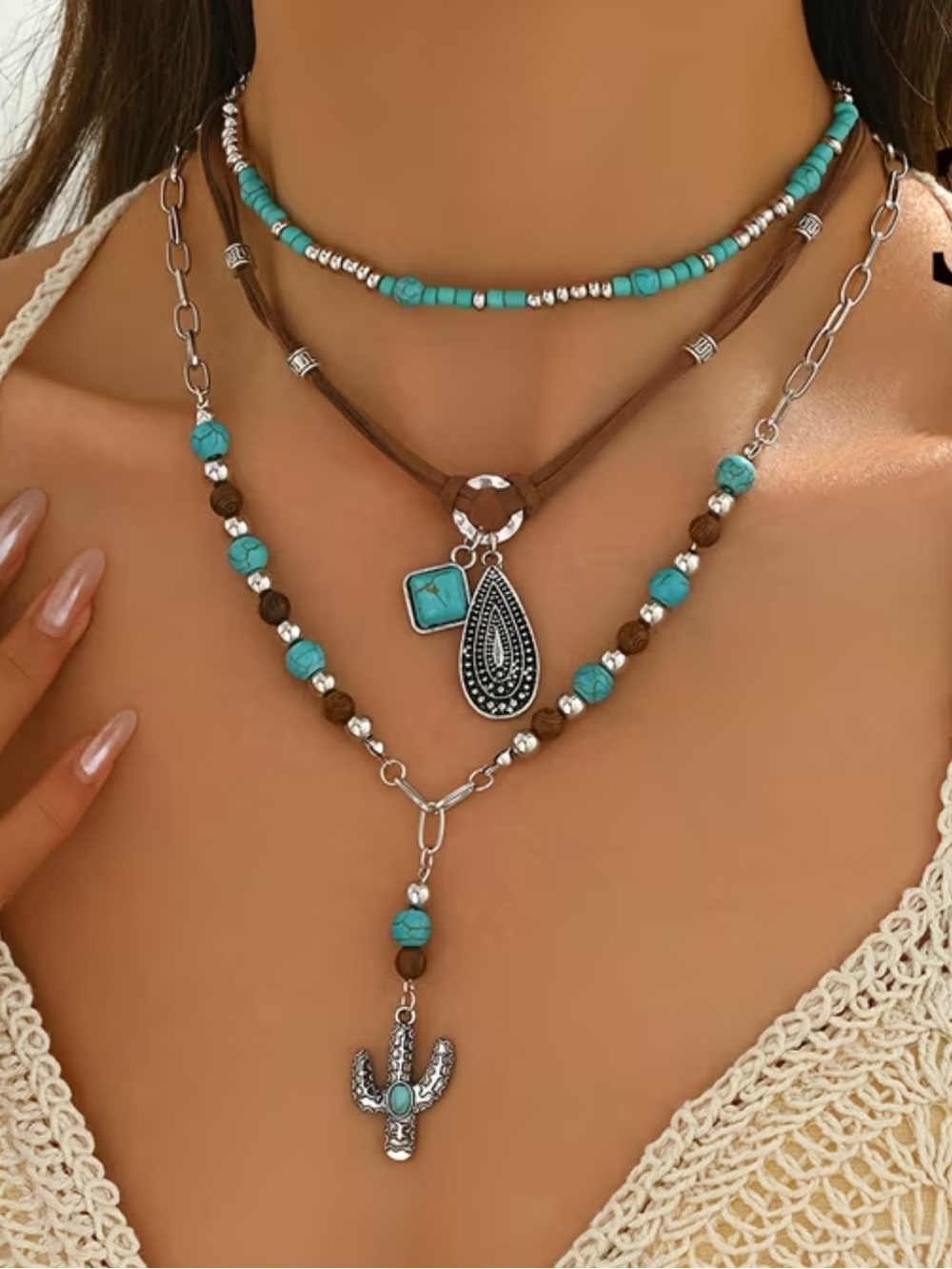Layered Turquoise Bead and Silver Charm Necklace Set, NEW!